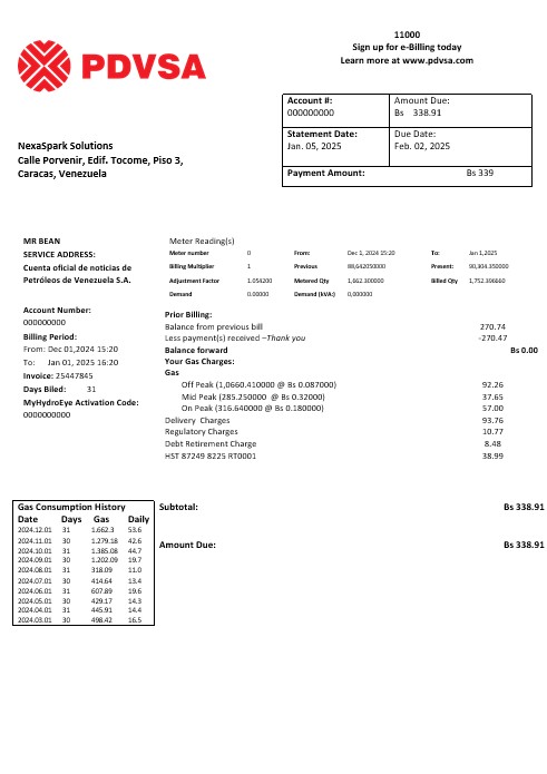 Venezuela PDVSA Gas business utility bill template in Word and PDF formats